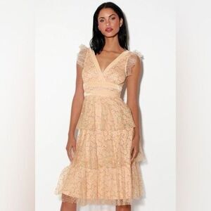Lulus Stunning Love Nude and Gold Glitter Tiered Midi Dress Size Small